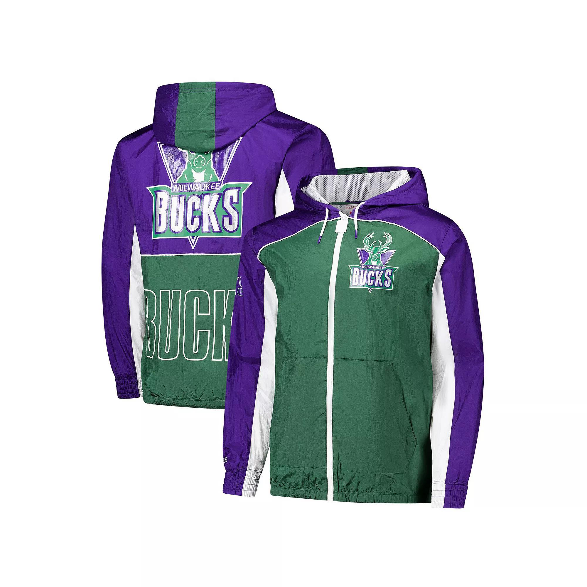 Men's Mitchell & Ness Green/Purple Milwaukee Bucks Hardwood Classics Big Shot Premium Full-Zip Windbreaker Jacket, Size: XL Product Image
