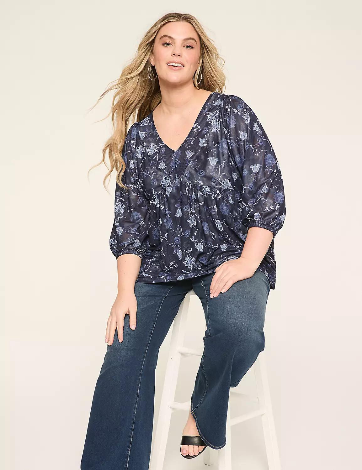 Mesh 3/4-Sleeve Tie-Back Top Product Image