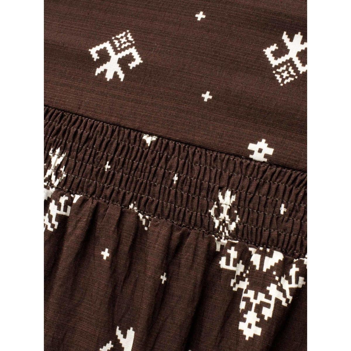 Plus Size Boho Print Square Neck Shirred Dress DarkBrown Women Resort Shirred Square Neck Elbow-length sleeve Curvy BloomChic 28/5X Product Image