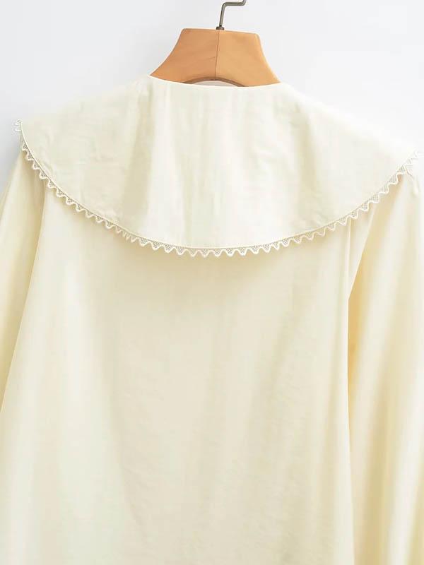 Loose Puff Sleeves Pleated See-Through Solid Color Split-Joint Peter Pan Collar Blouses&Shirts Tops Product Image
