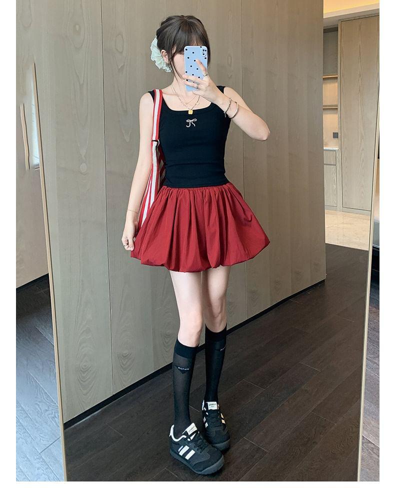 High Waist Plain Bubble Hem Mini A-Line Skort Product Image