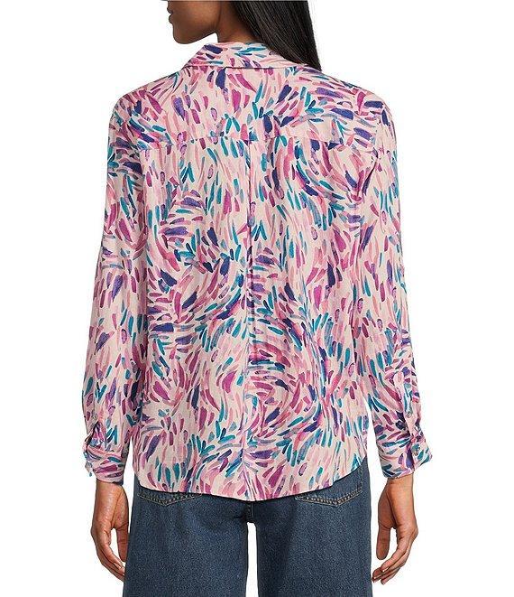 Westbound Petite Size Dancing Daubs 3/4 Roll-Tab Sleeve Point Collar Y-Neck Button Front Shirt Product Image