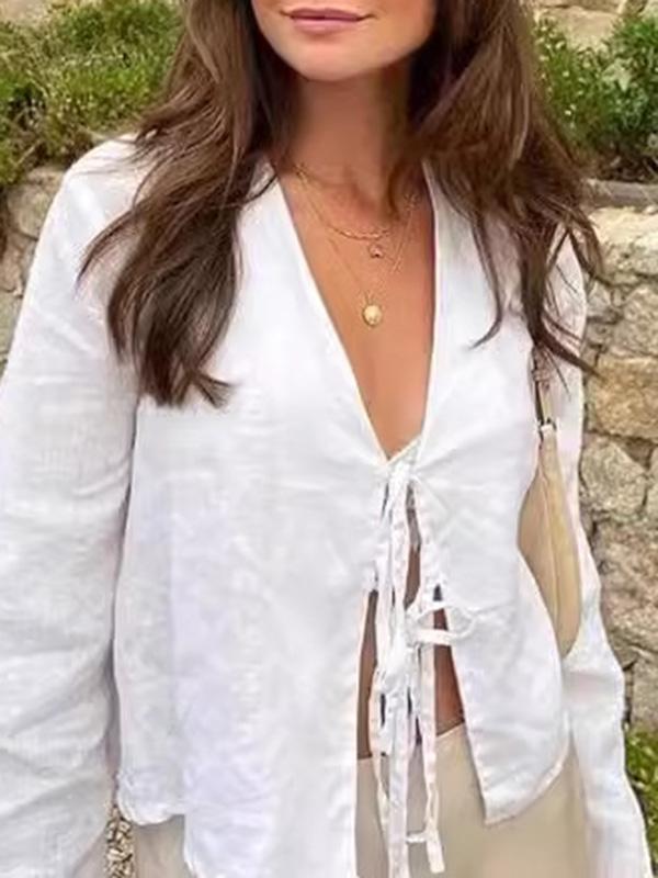 Lace-Up Solid Color V-Neck Blouses&Shirts Tops Product Image