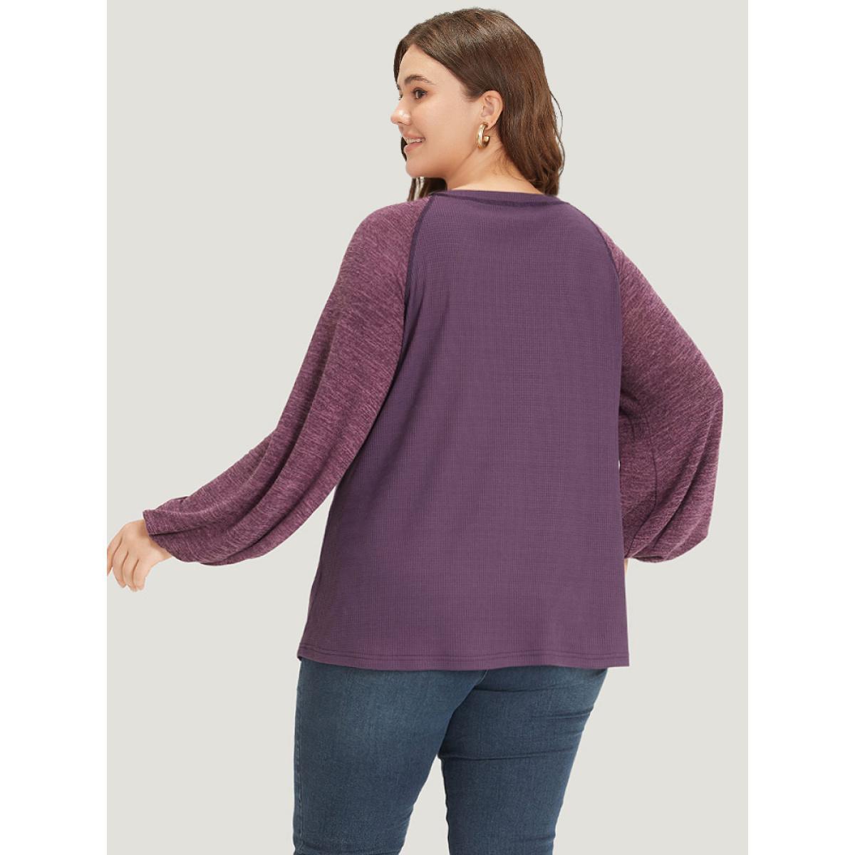 Plus Size Contrast Patchwork Heather Lantern Sleeve Sweatshirt Women Purple Casual Patchwork Round Neck Dailywear Sweatshirts BloomChic 10/M Product Image