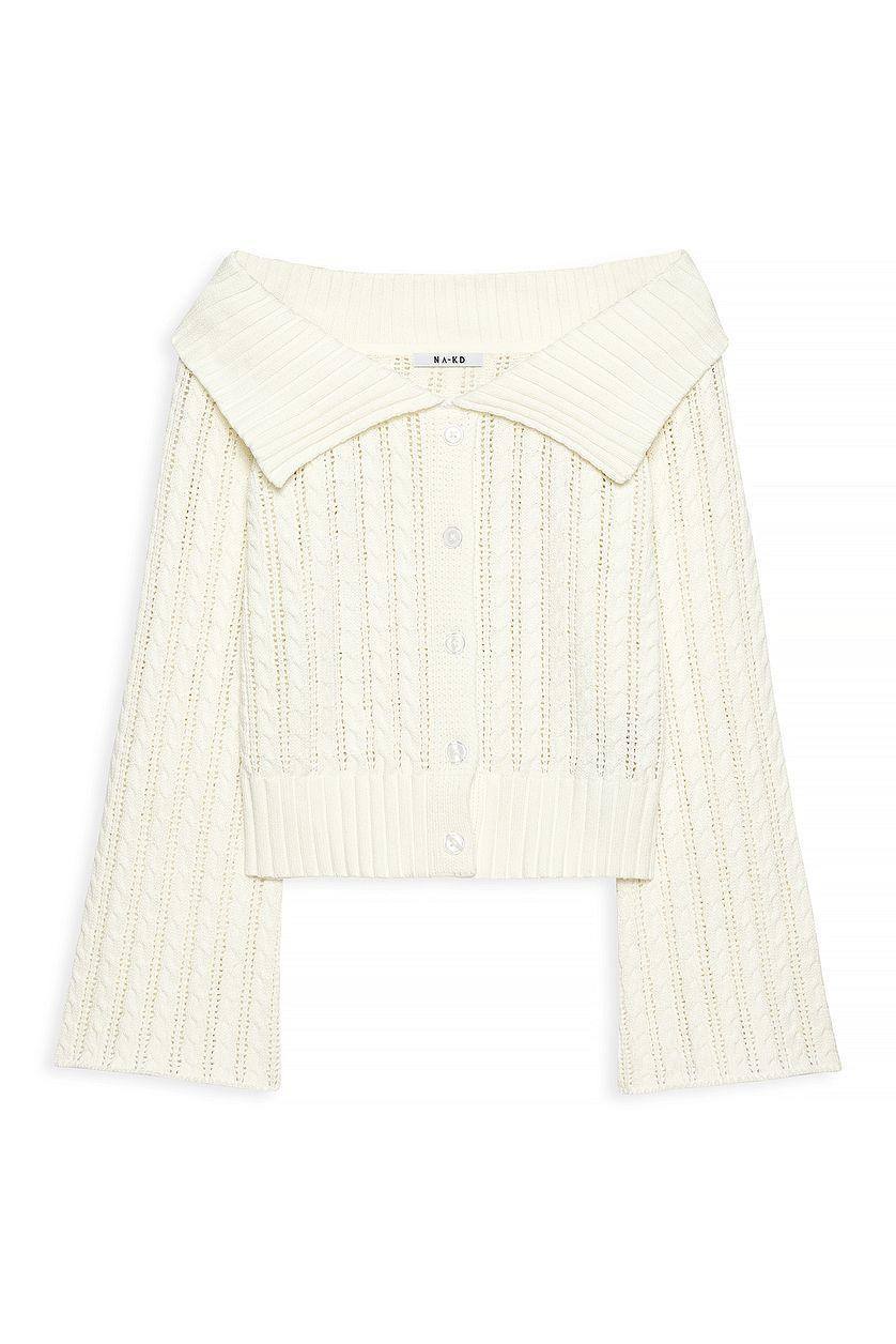 Knitted Off Shoulder Button Sweater Product Image
