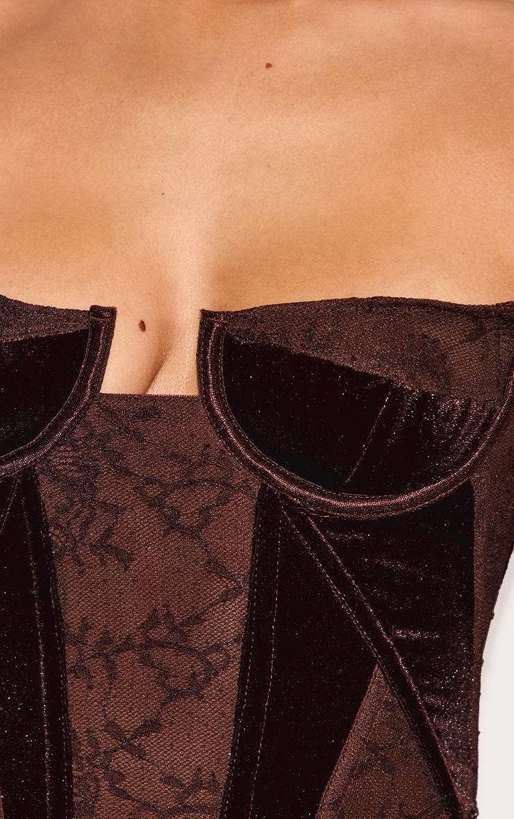 Petite Chocolate Bandeau Velvet Corset With Lace Details Product Image