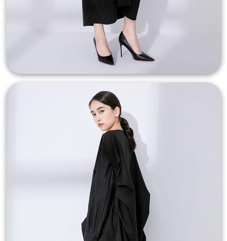 Long-Sleeve Boat Neck Plain Ruched Maxi Tunic Dress Product Image