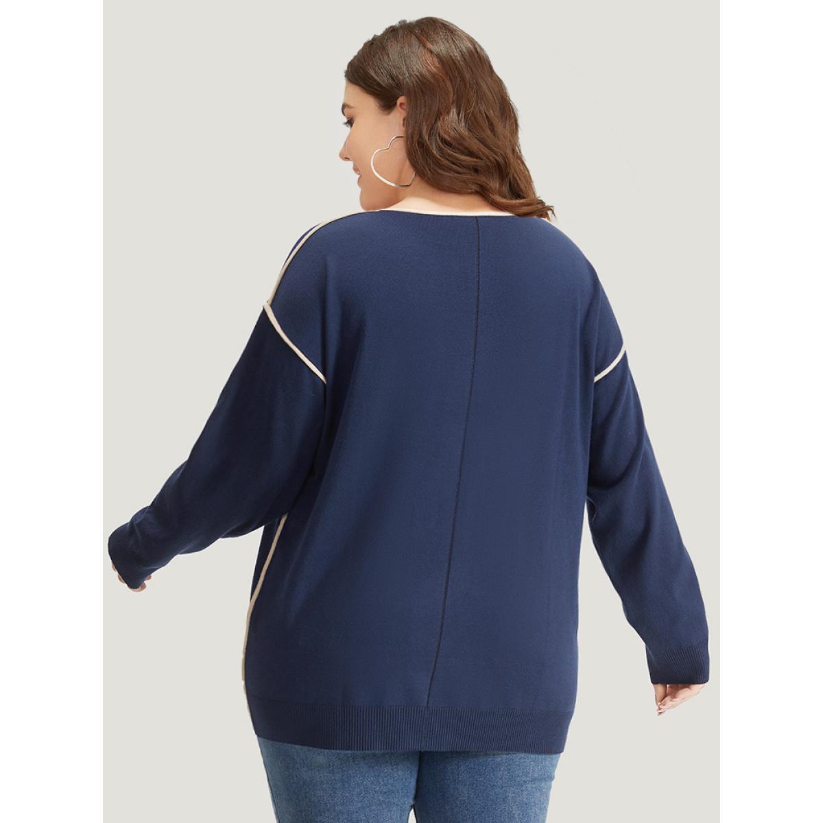 Plus Size Supersoft Essentials Contrast Trim Drop Shoulder Pullover Navy Women Casual Loose Long Sleeve V-neck Dailywear Pullovers BloomChic 18-20/2X Product Image