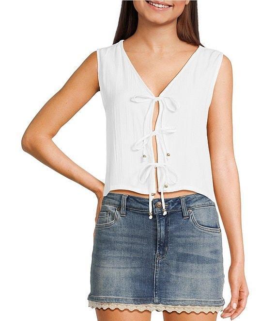 Angie Sleeveless V-neck Triple Front Tie Solid Top Product Image