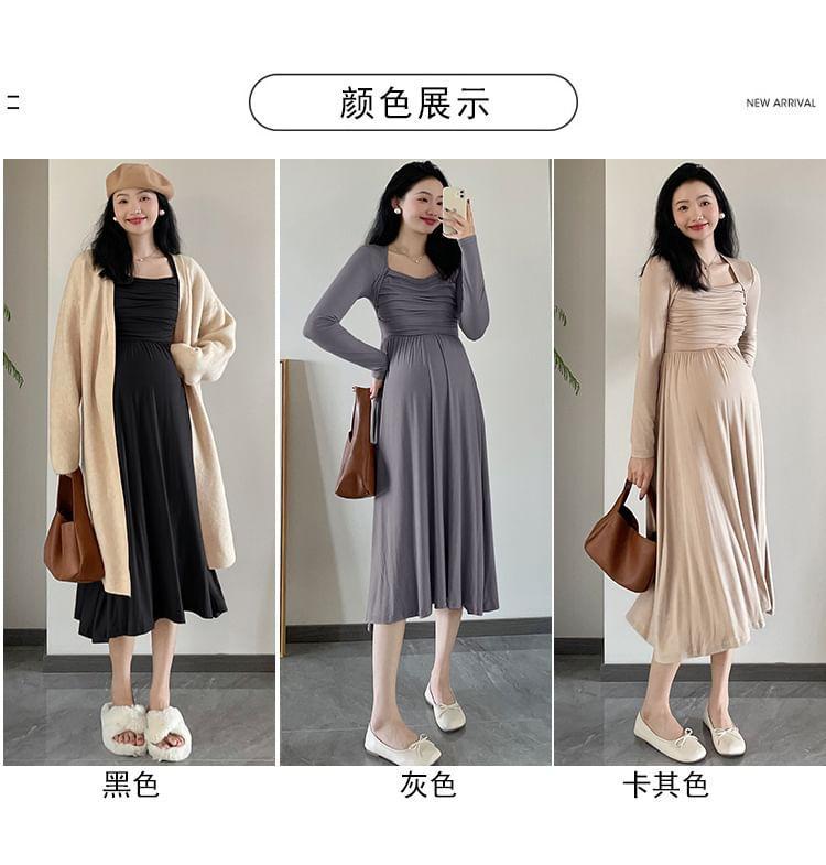 Maternity Long-Sleeve Square Neck Plain Ruched Midi A-Line Dress Product Image