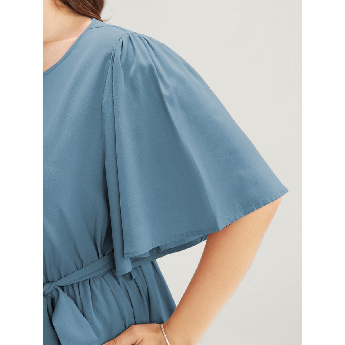 Plus Size Solid Keyhole Round Neck Pocket Belted Flutter Dress Stone Women Office Belted Round Neck Half Sleeve Curvy Midi Dress BloomChic 12/L Product Image
