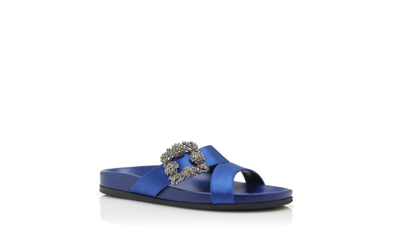 CHILANGHI Blue Satin Jewel Buckle Flat Mules Product Image