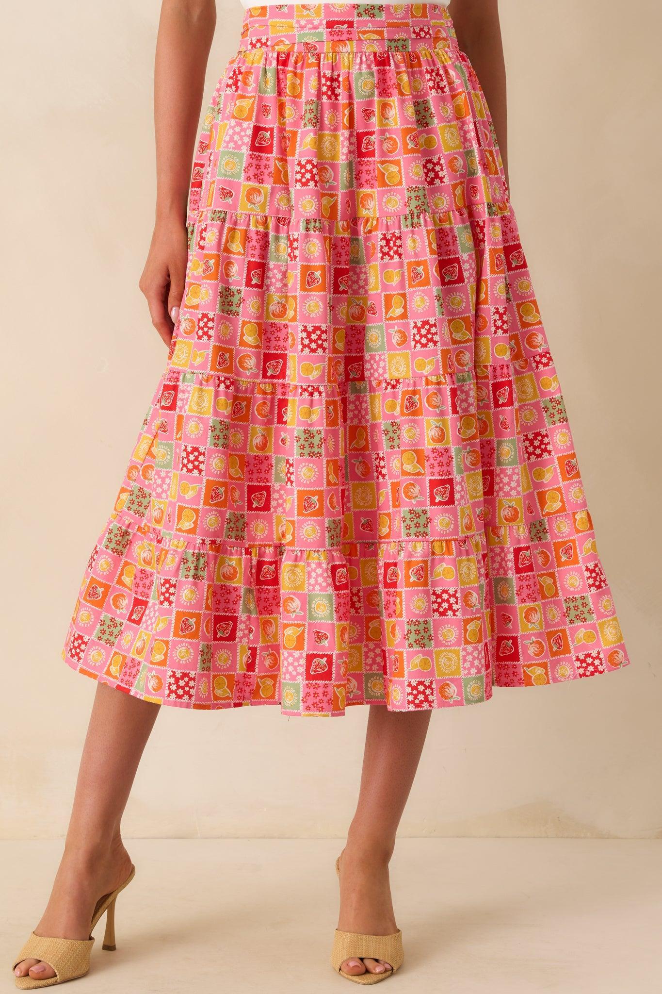 Looks Just Right Pink Multi Patchwork Print Midi Skirt Product Image
