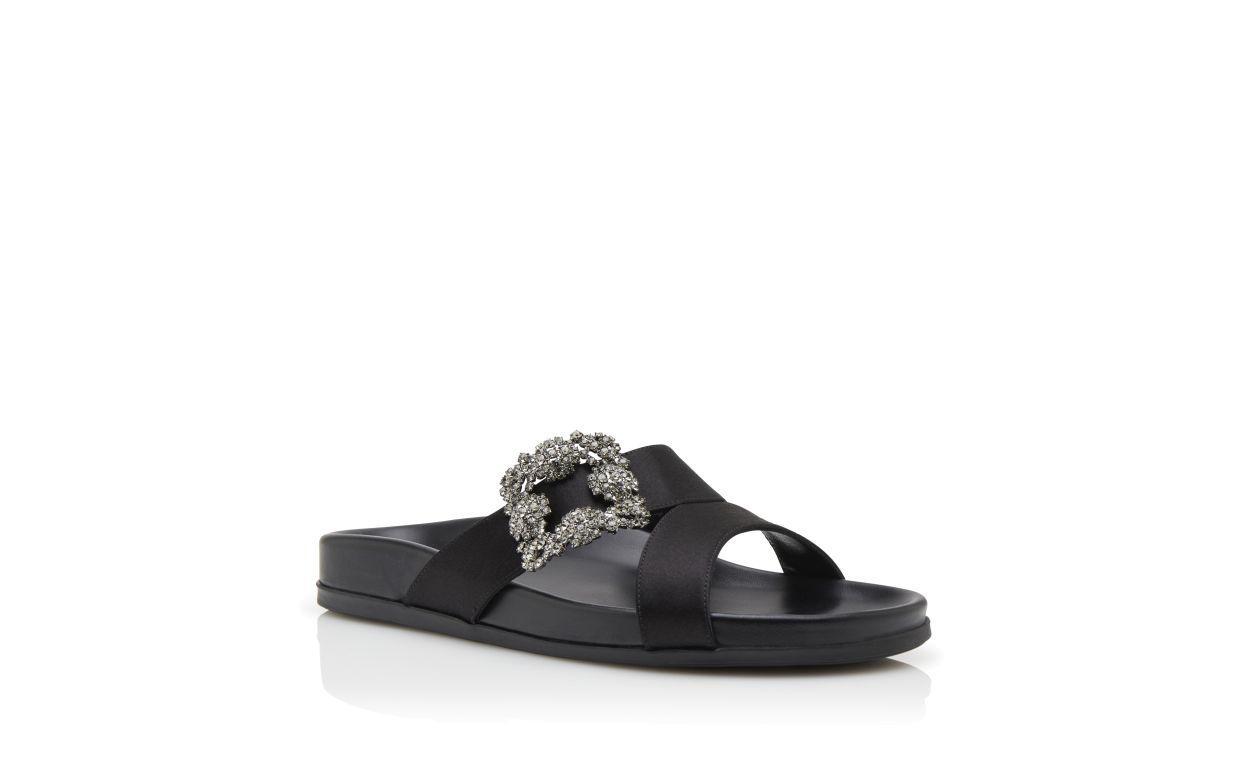 CHILANGHI Black Satin Jewel Buckle Flat Mules  Product Image