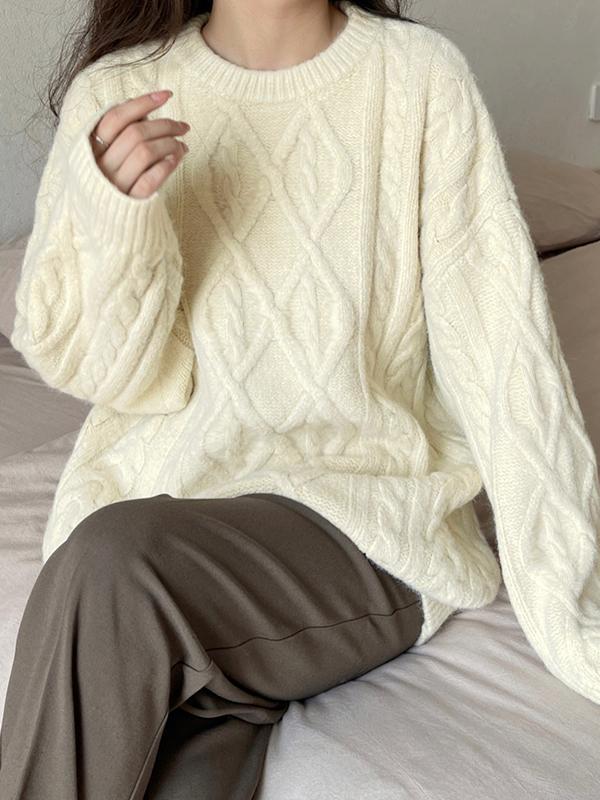 Crew Neck Cable Knit Pullover Sweater Product Image