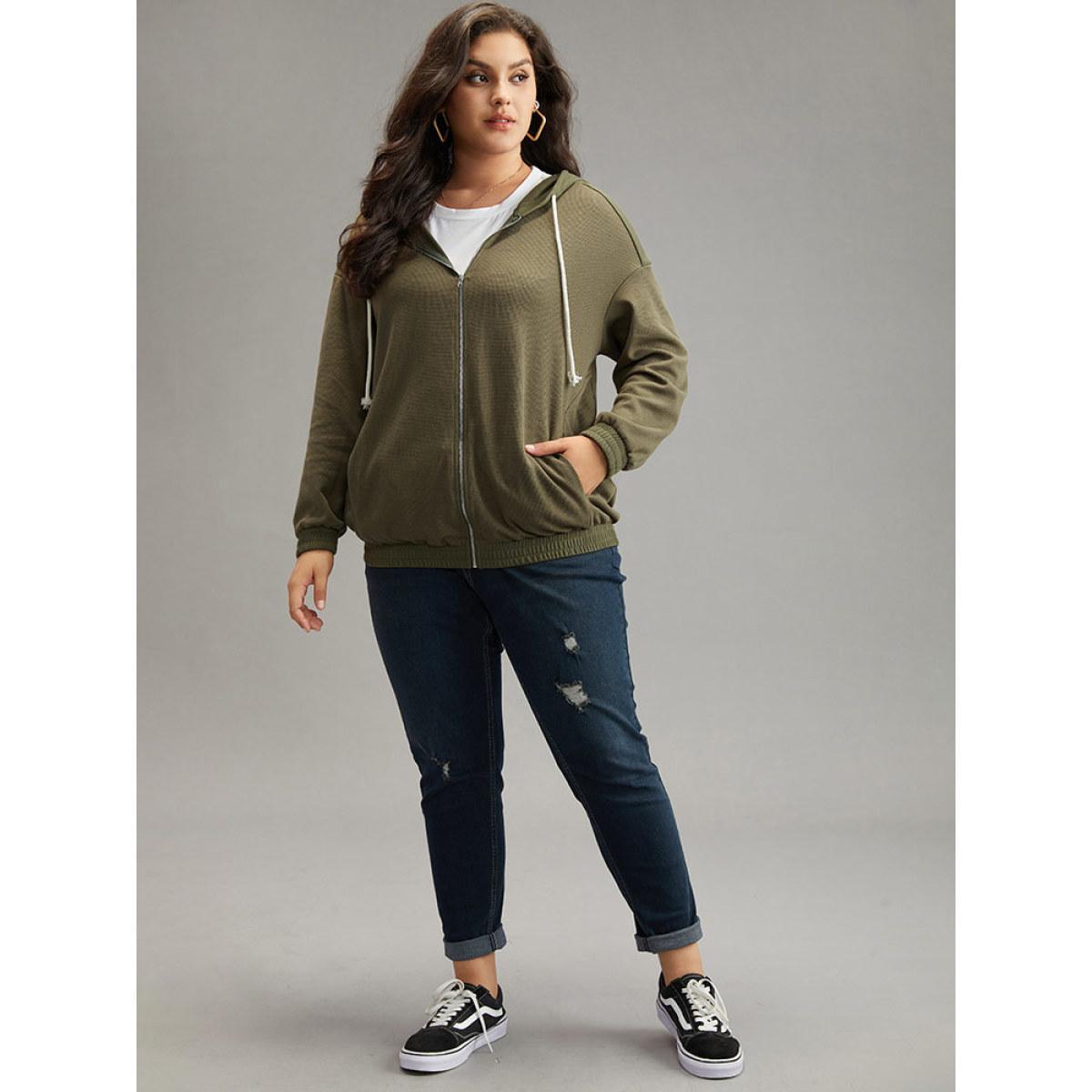 Plus Size Waffle Knit Hooded Drawstring Sweatshirt Women ArmyGreen Casual Plain Loose Hooded Dailywear Sweatshirts BloomChic 26/4X Product Image