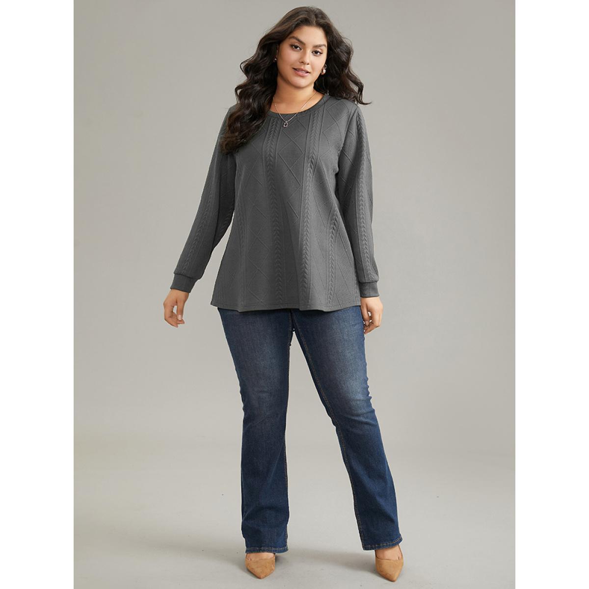 Plus Size Plain Textured Round Neck Sweatshirt Women Gray Casual Non Round Neck Everyday Sweatshirts BloomChic 26/4X Product Image