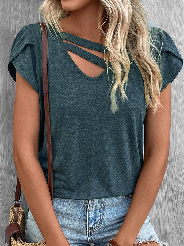 Loose Short Sleeves Solid Color V-Neck T-Shirts Tops Product Image
