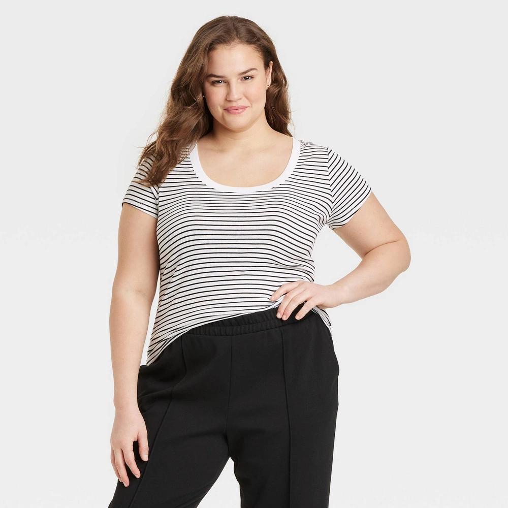 Womens Slim Fit Short Sleeve Ribbed Scoop Neck T-Shirt - A New Day Black Striped XXL Product Image