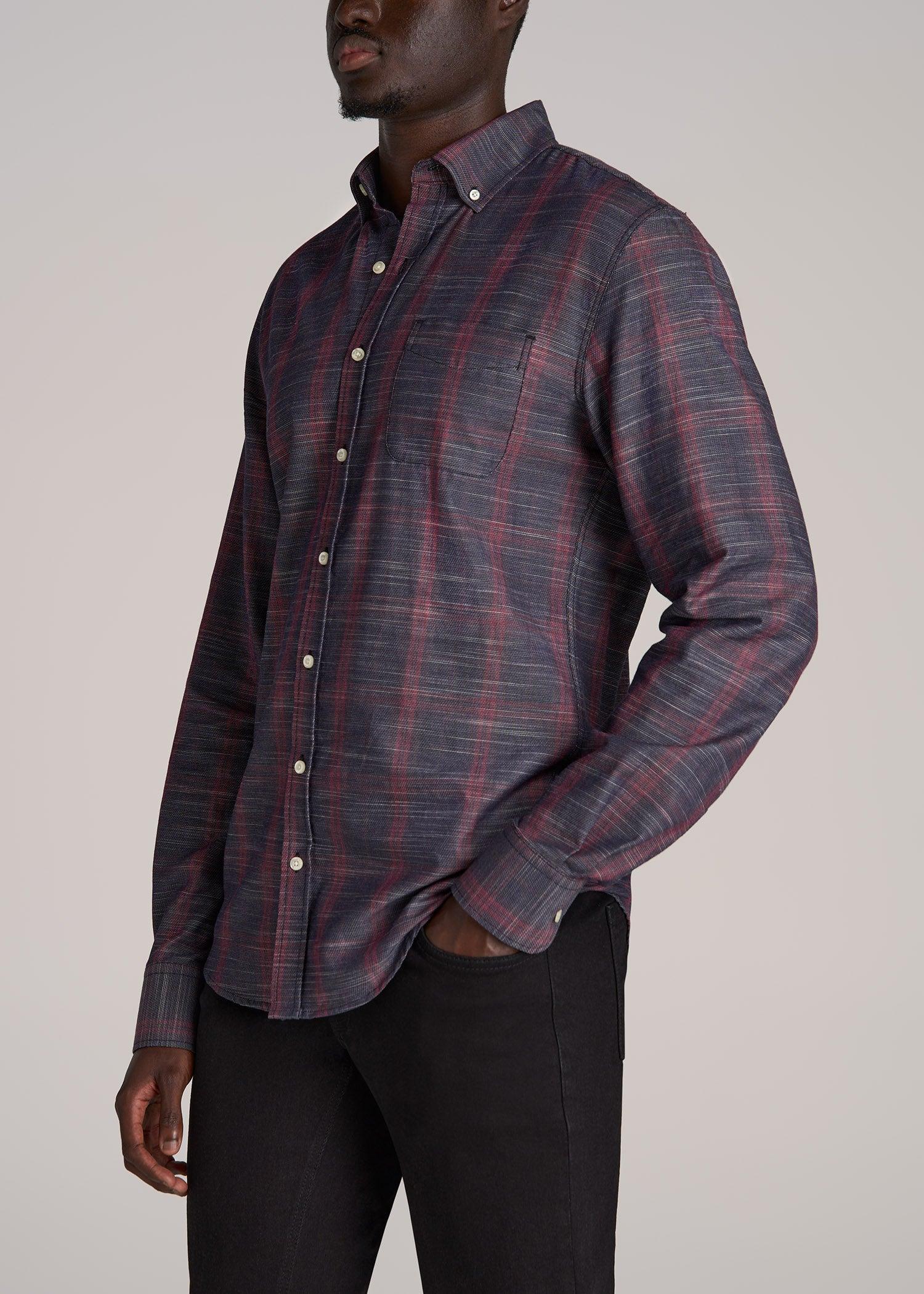 Textured Weave Cotton Button-Up Shirt for Tall Men in Red Plaid Male Product Image