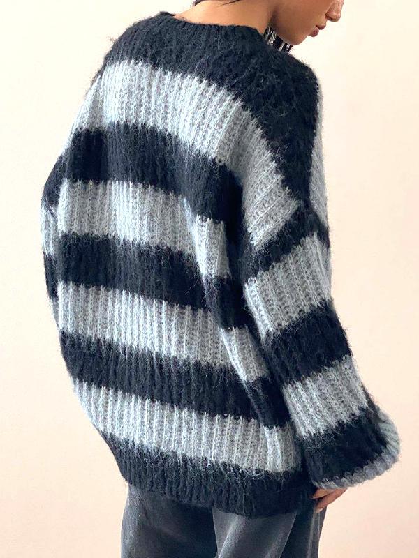 Contrast Color Striped Crew Neck Lantern Sleeve Sweater Product Image