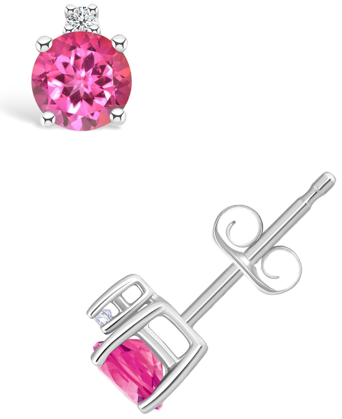 14k White Gold 4 mm Round Birthstone & 1/10 Carat T.W. Diamond Stud Earrings, Women's, Pink Topaz Jun Product Image