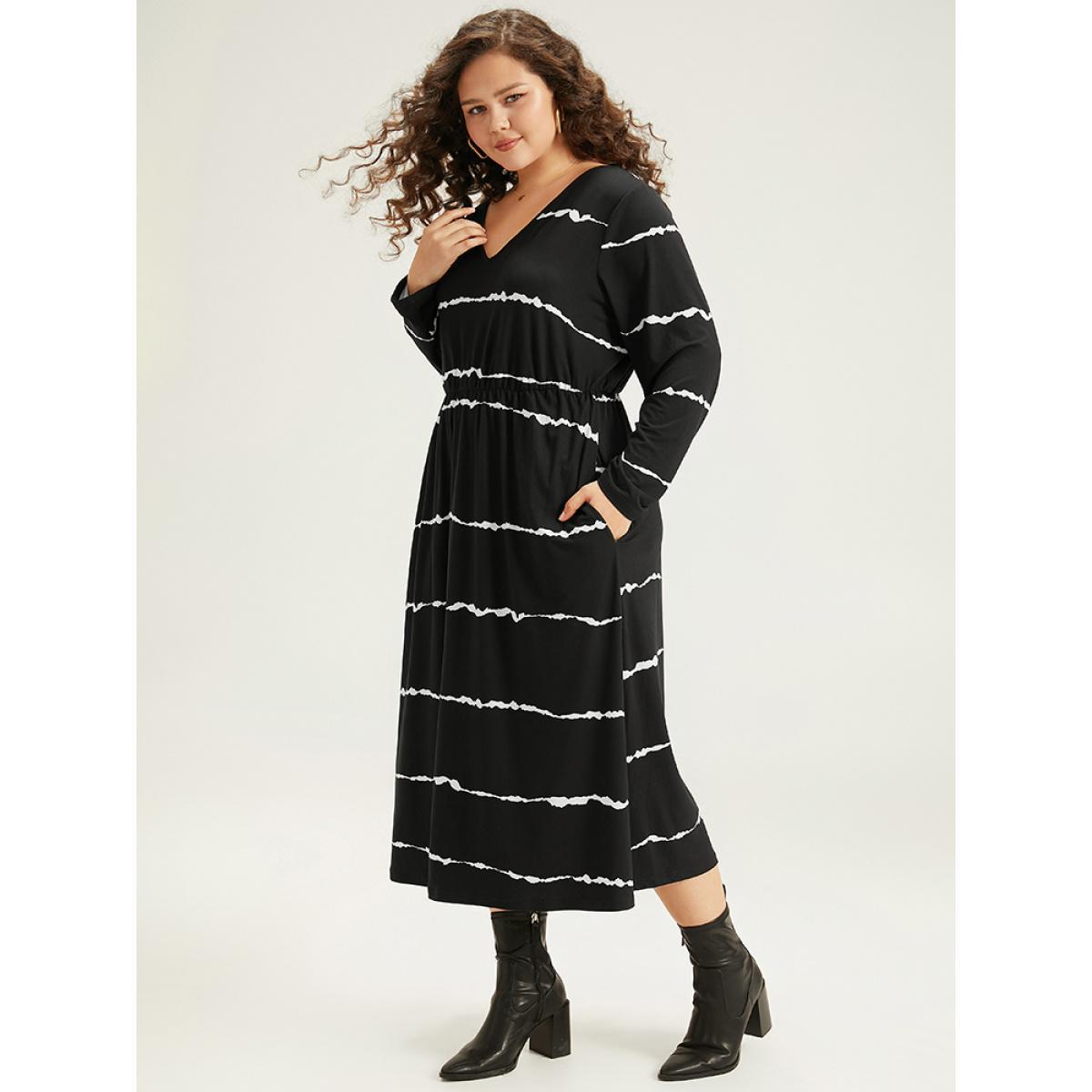Plus Size Striped Print V Neck Elastic Waist Dress Black Women Casual Elastic Waist V-neck Long Sleeve Curvy Midi Dress BloomChic 26/4X Product Image