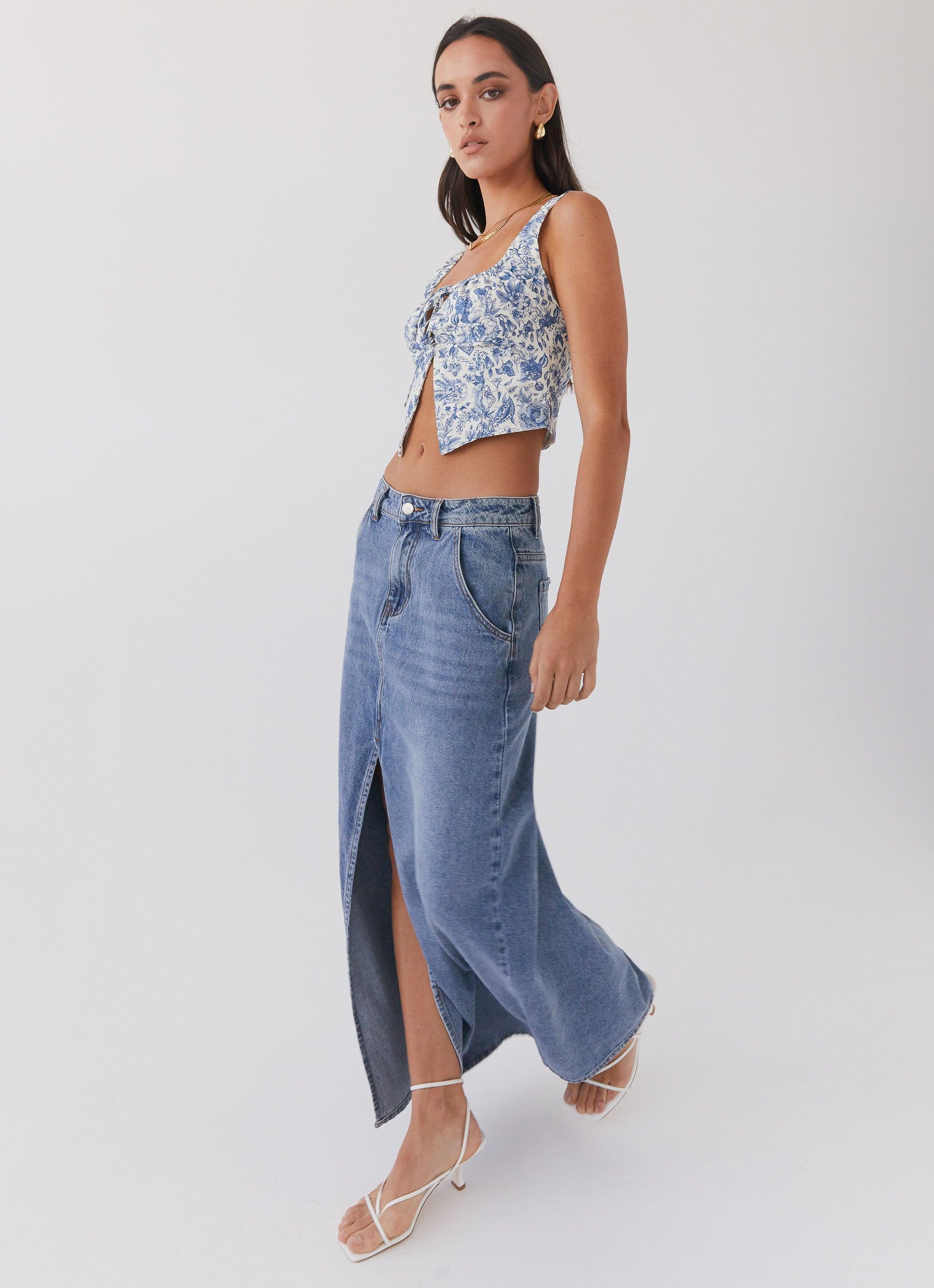 Walk This Way Denim Maxi Skirt - Blue Product Image