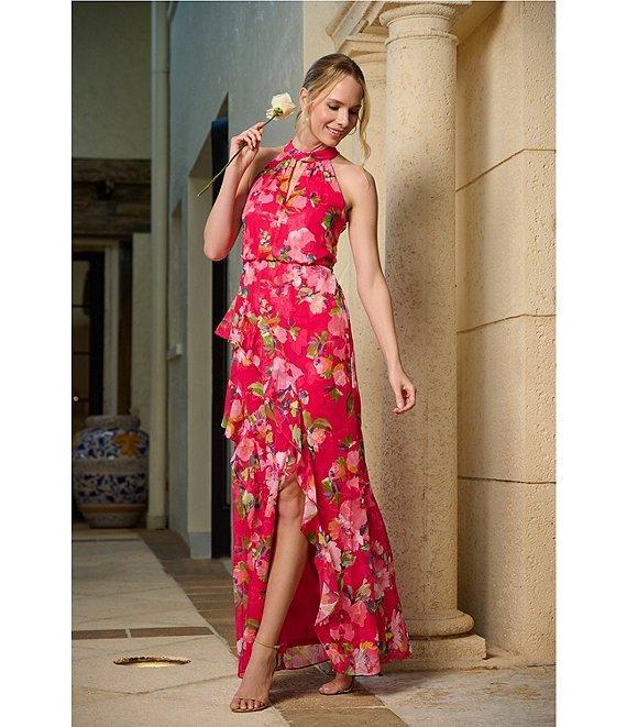 Adrianna Papell Petite Size Halter Neck Floral Print Ruffled Dress Product Image