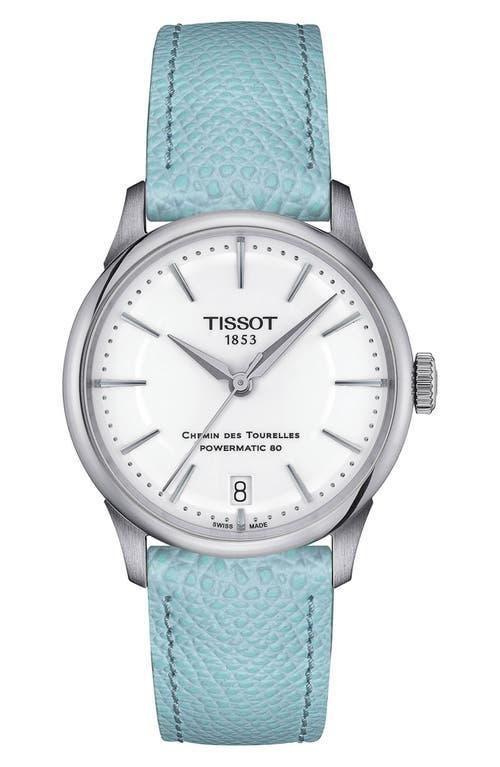 Tissot Womens Chemin Des Tourelles Powermatic 80 Automatic Light Blue Leather Strap Watch Product Image