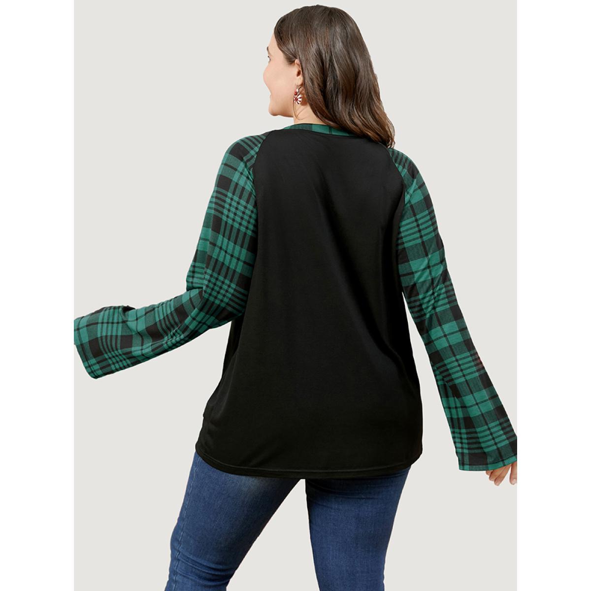 Plus Size Plaid Patchwork Bell Sleeve Long Tee DarkGreen Women Casual Contrast Plaid Round Neck Dailywear T-shirts BloomChic 10/M Product Image