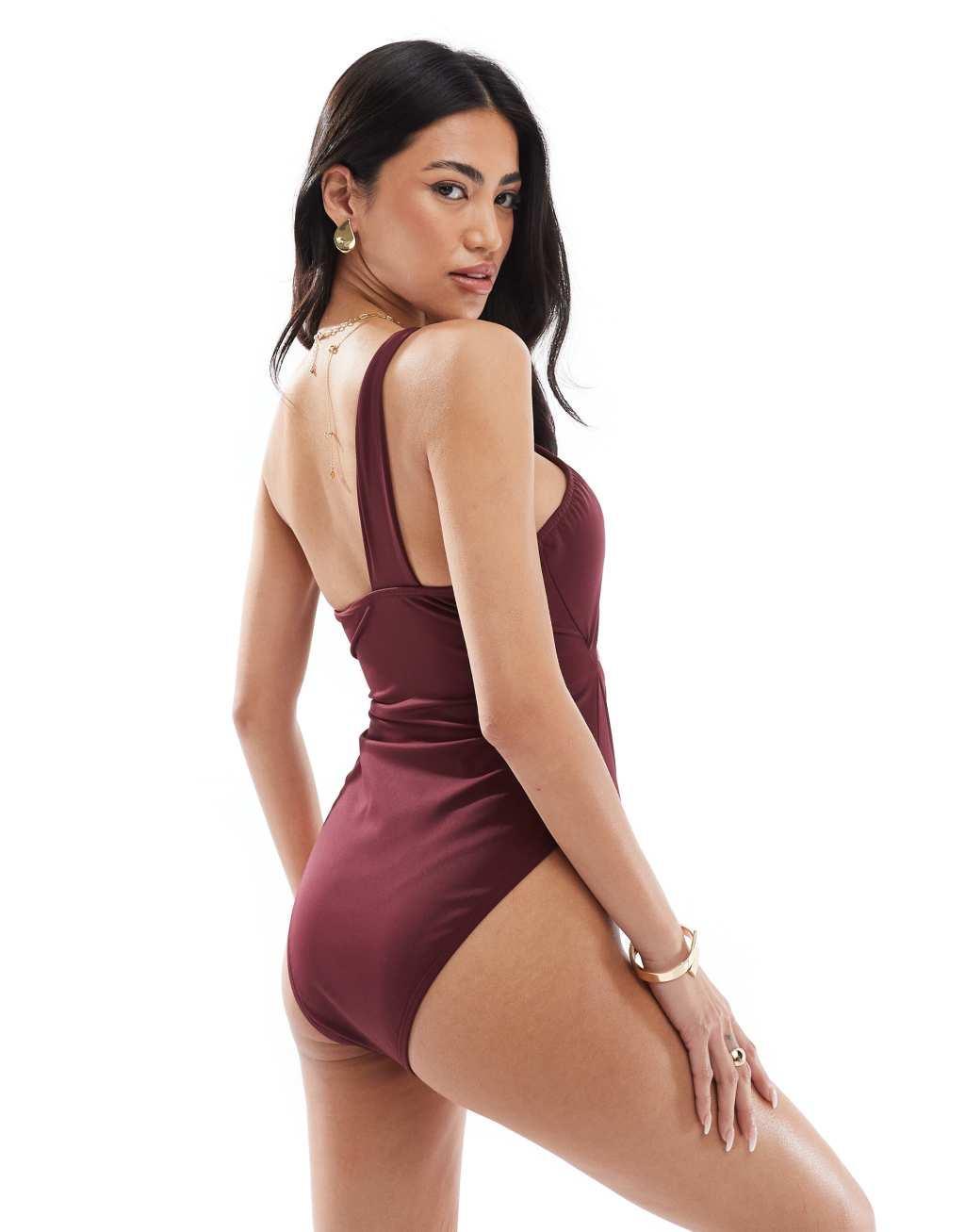 4th & Reckless asymmetric shoulder cutout swimsuit in burgundy Product Image