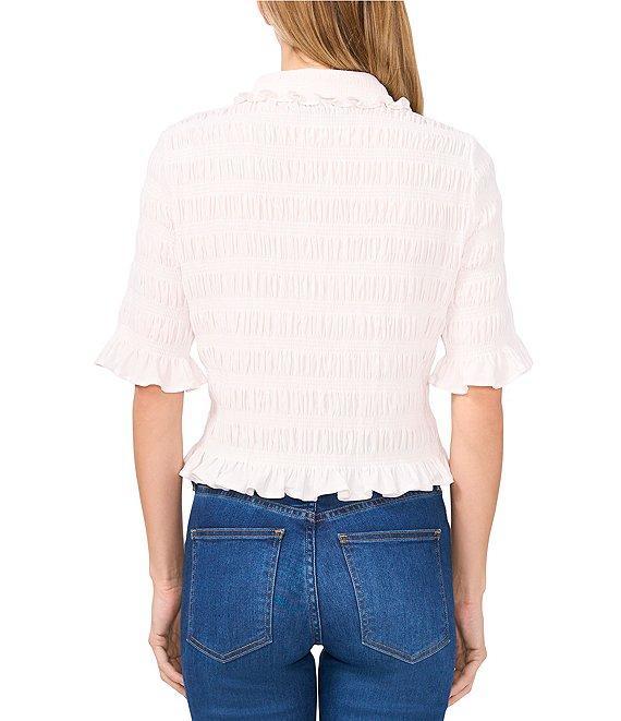 CeCe Point Collar 3/4 Ruffle Sleeve Smocked Button Front Shirt Product Image