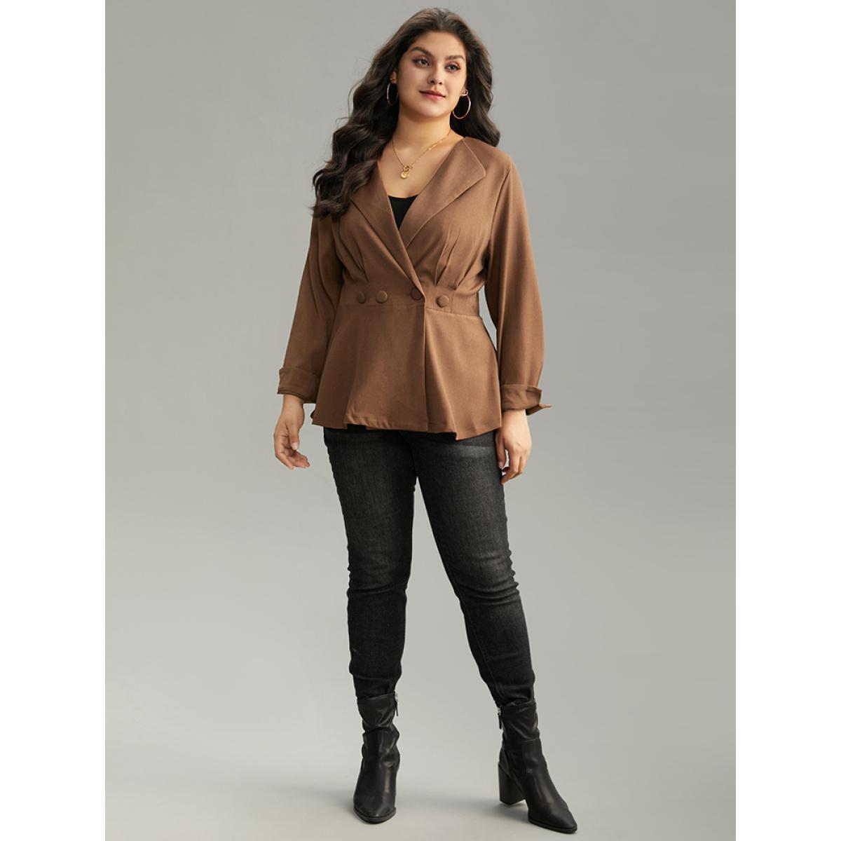 Plus Size Lapel Collar Buckle Detail Plicated Detail Coat Women DarkBrown Elegant Plain Bodycon Ladies Dailywear Winter Coats BloomChic 26/4X Product Image