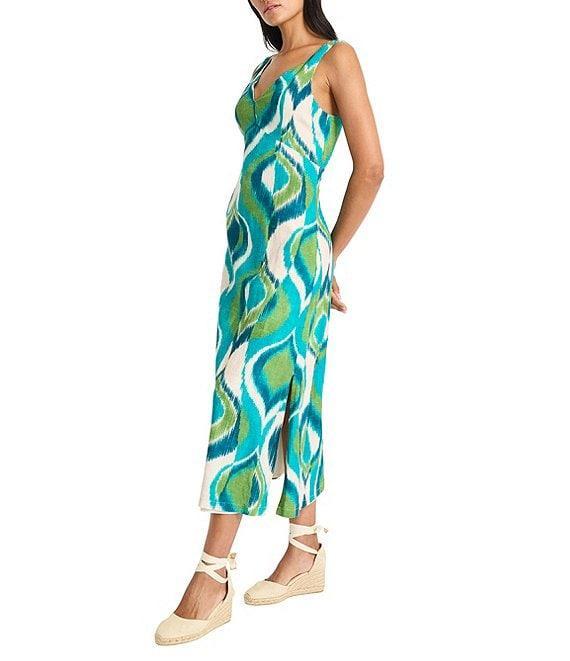 Maggy London Abstract Print V-Neck Sleeveless Linen Blend A-Line Midi Dress Product Image