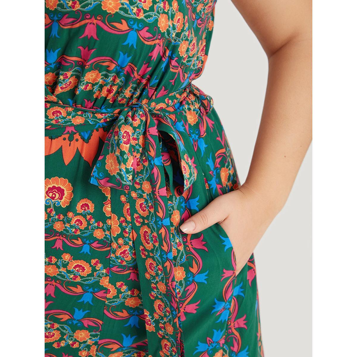 Plus Size Boho Print Belted Split Hem Pocket Cami Dress DarkGreen Women Vacation Gathered V-neck Sleeveless Curvy Midi Dress BloomChic 14-16/1X Product Image