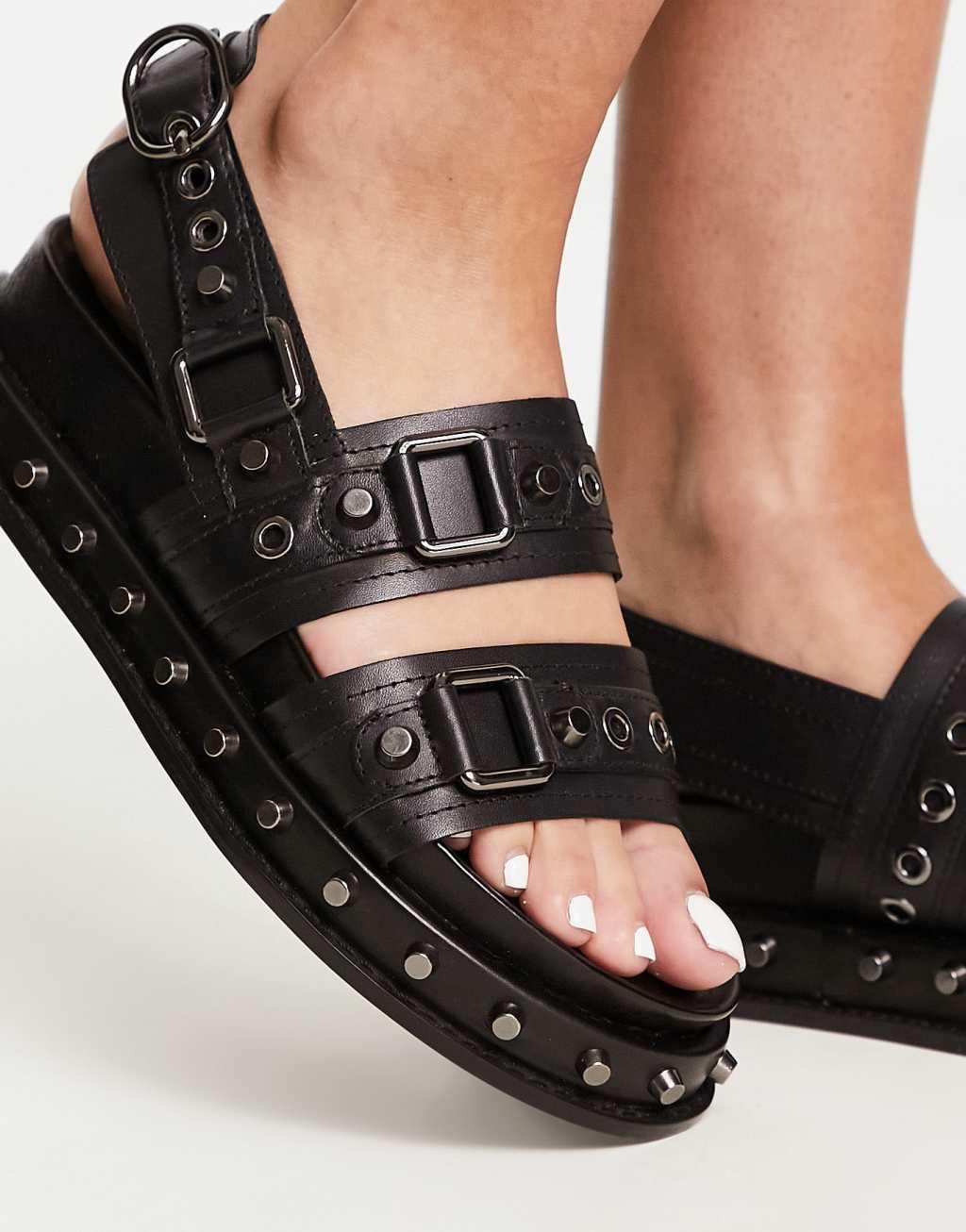 ASOS DESIGN Focused leather studded flat sandals Product Image