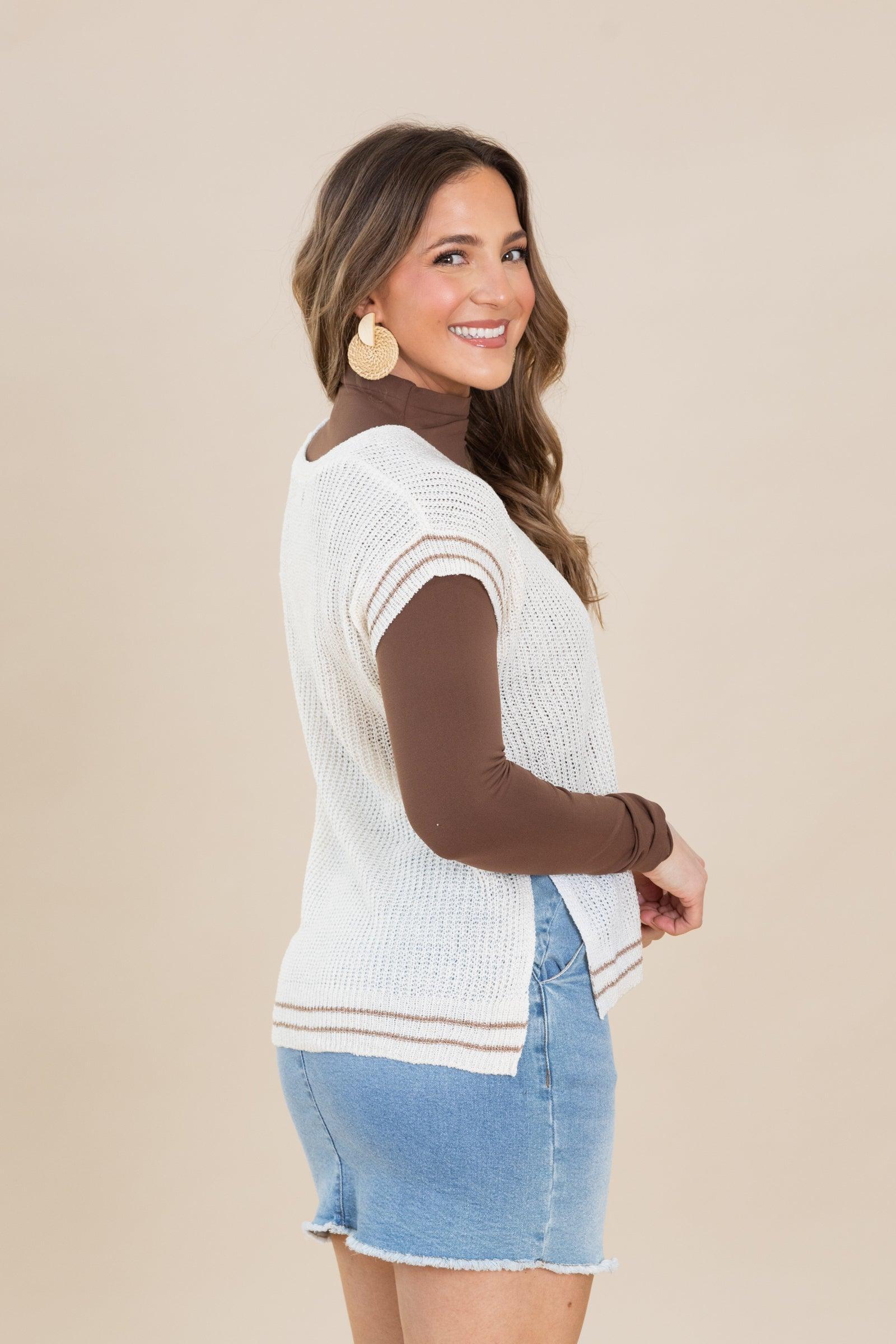 Cream V-Neck Sweater Accent Stripe Detail Product Image