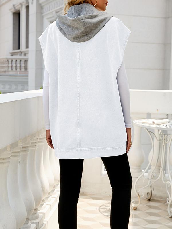 Loose Sleeveless Buttoned Detachable Hooded Pockets Split-Joint Lapel Collar Vest Outerwear Product Image