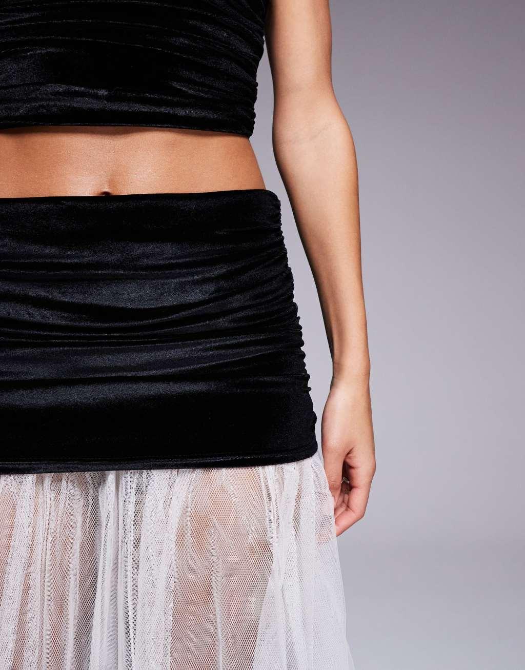 ASOS DESIGN velvet ruched skirt with contrast hem in black - part of a set Product Image