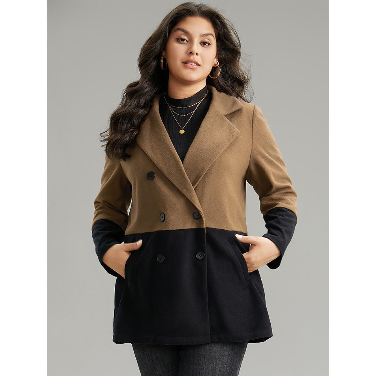 Plus Size Contrast Lapel Collar Double Breasted Pocket Coat Women DarkBrown Casual Contrast Ladies Dailywear Winter Coats BloomChic 26/4X Product Image