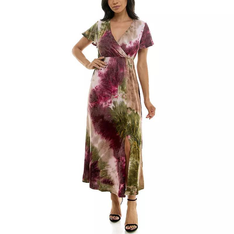 Women's Nina Leonard Tie Dye Print Flutter Sleeve V-Neck Maxi Dress, Size: Large, Blue Team Product Image