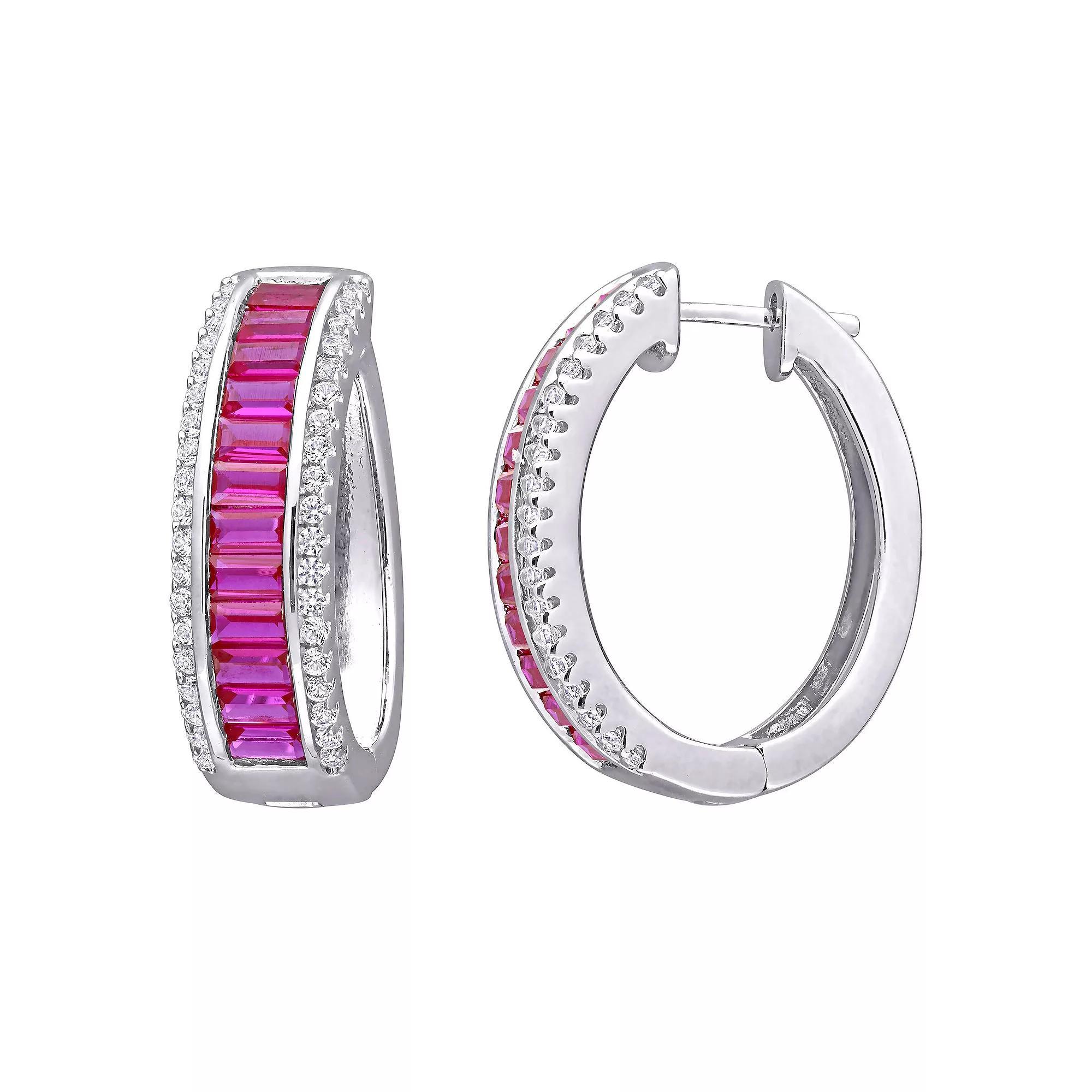 Stella Grace Sterling Silver Lab-Created Ruby & Lab-Created White Sapphire Hoop Earrings, Women's Product Image