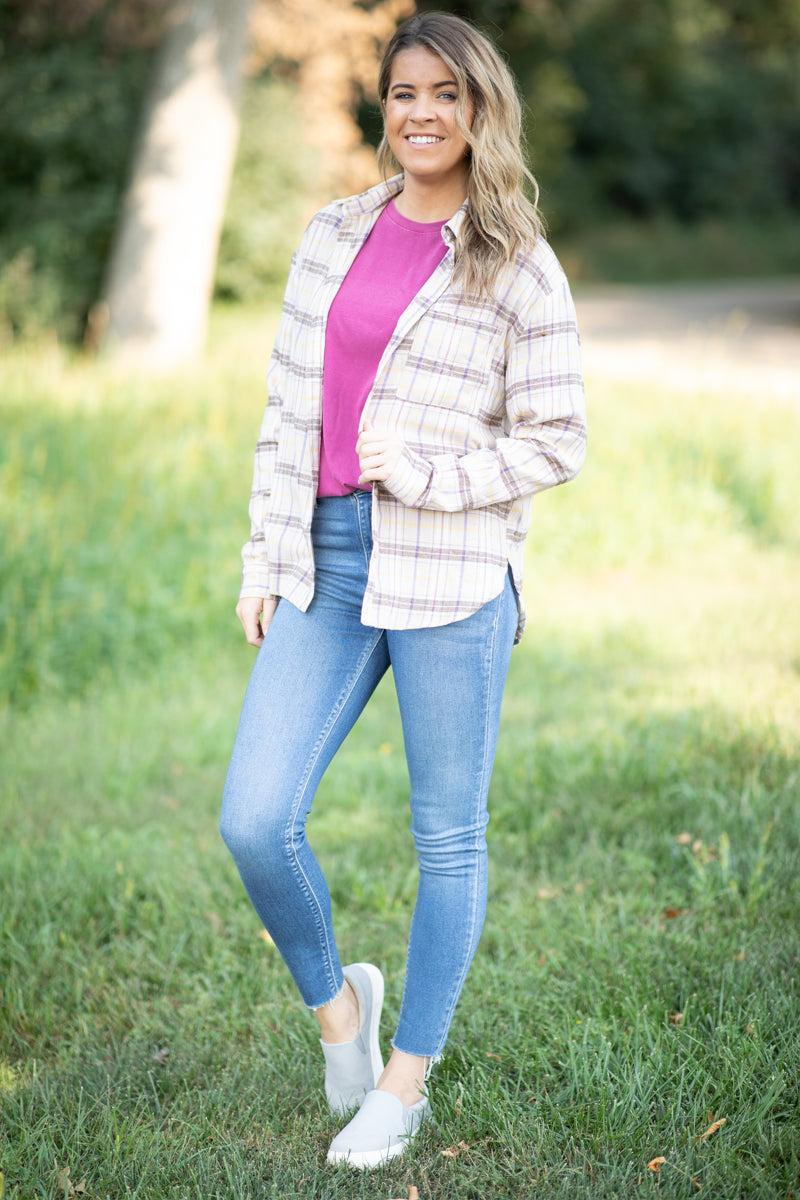 Tan and Taupe Plaid Button Up Top Product Image
