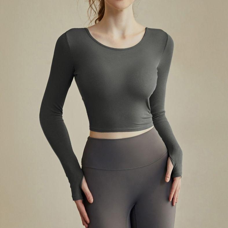 Long-Sleeve Open Back Plain Crop Sports Top Product Image