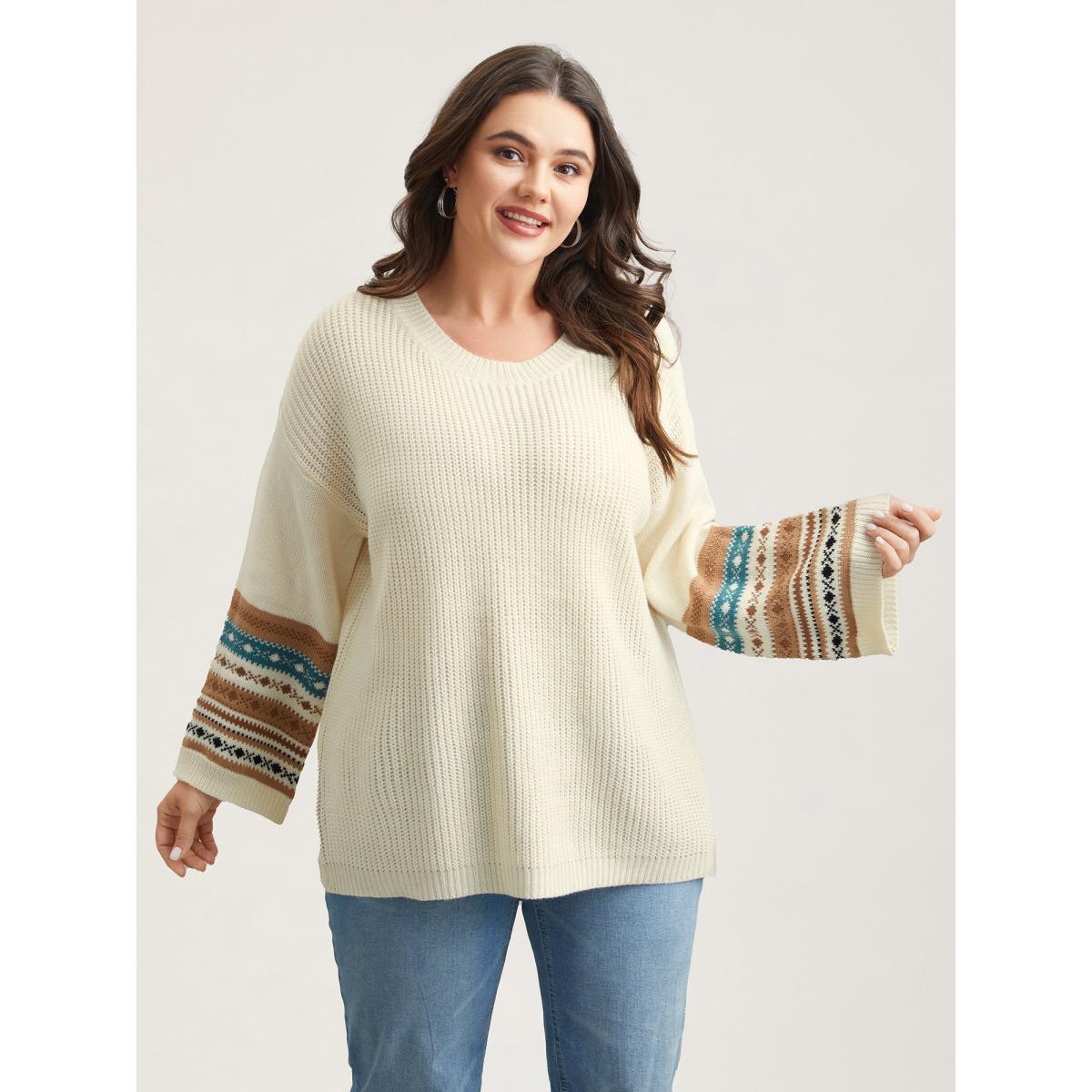 Plus Size Round Neck Color-Block Textured Pullover Ivory Women Casual Loose Long Sleeve Everyday Cardigans BloomChic 14-16/1X Product Image