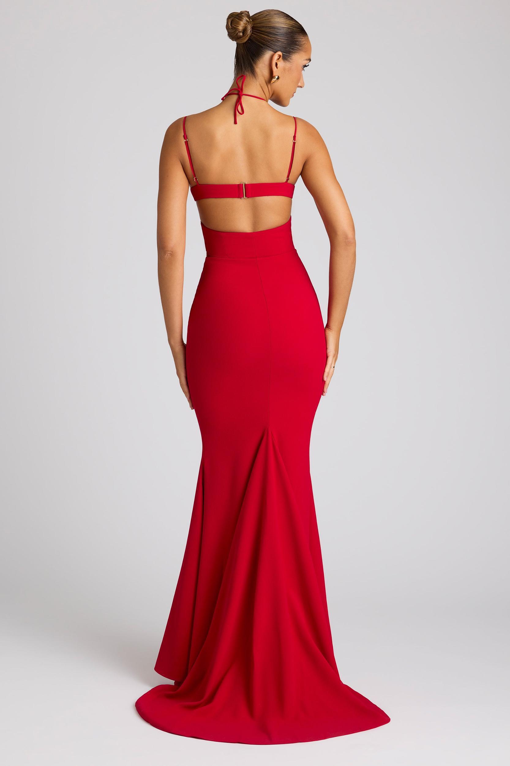 Embellished Heart Cup Detail Evening Gown in Fire Red Product Image