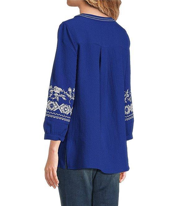 Calessa Petite Size Embroidered Floral Patchwork Split V-Neck 3/4 Sleeve Tunic Product Image