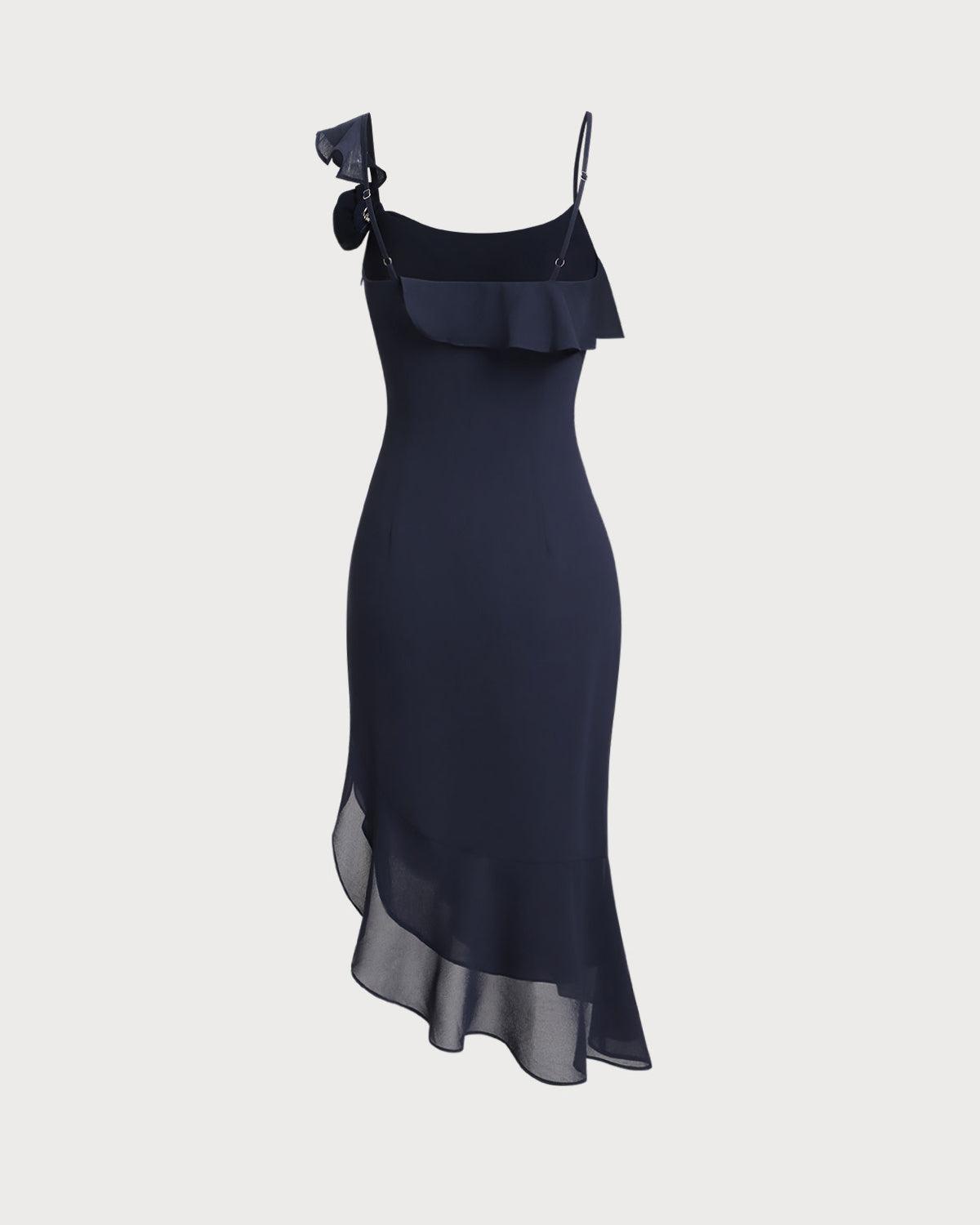 Blue Chiffon Ruffle Slip Midi Dress Product Image