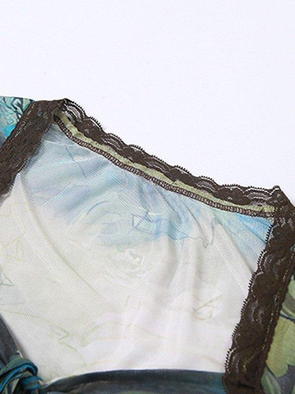 Tie Front Patchwork Mesh Long Sleeve Cropped Blouse Product Image